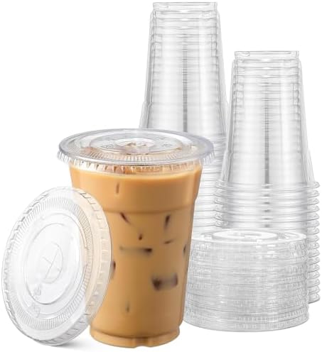 TashiBox 16 oz Plastic Cups with Flat Lids 100 Sets