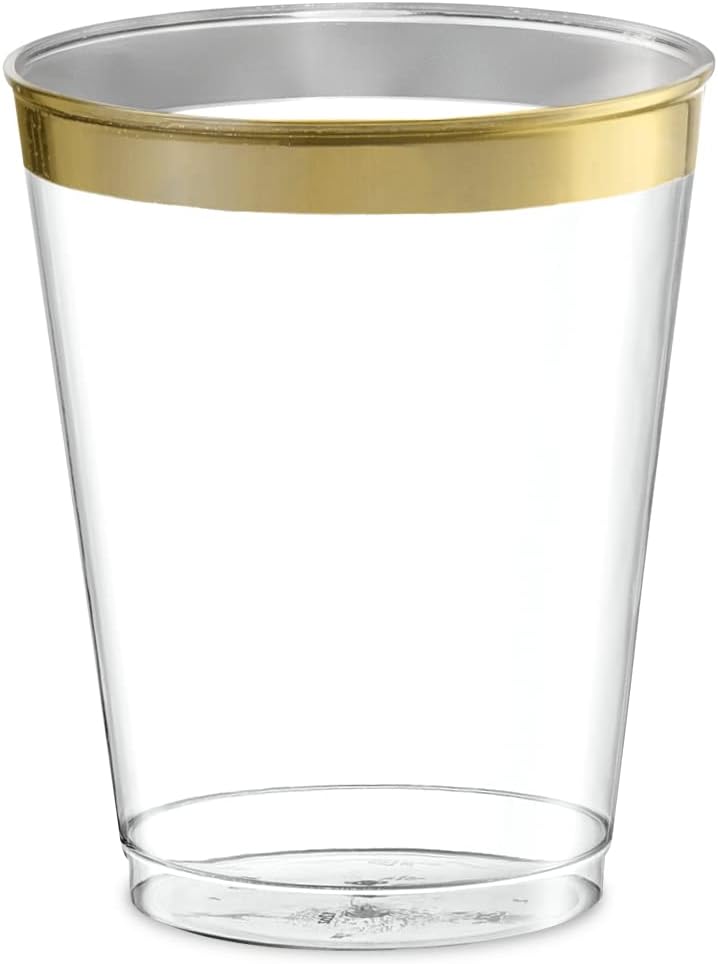 Disposable 8 oz Crystal Clear Plastic Tumblers With Gold Rim Pack of 50
