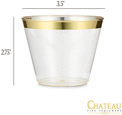 100 Pack 9oz Gold Glitter Plastic Cups with Gold Rim - Premium Partyware
