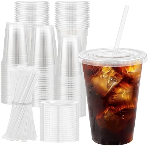16 oz 100 Pack Plastic Cups with Lids and Straws