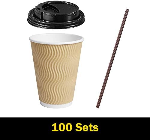 Disposable Paper Coffee Cups with Lids 100 Pack 12 Oz