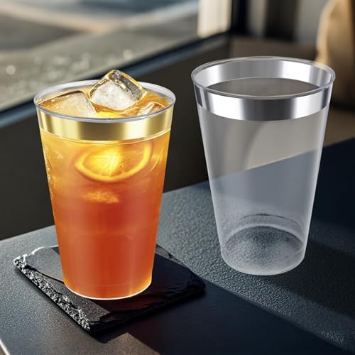 12oz Clear Plastic Cups with Gold Rim 100 Pack