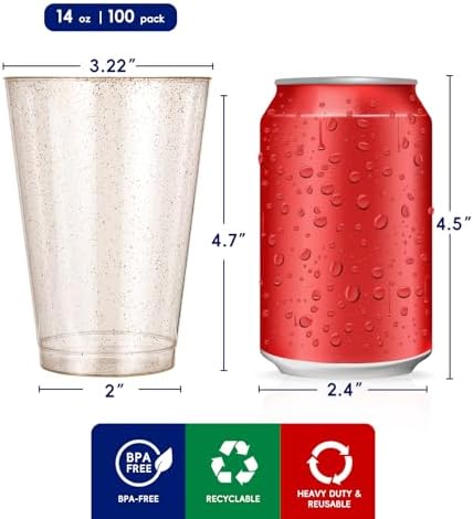 JOLLY CHEF 100 Pack 14 oz Gold Glitter Plastic Cups