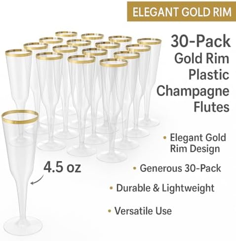 Oojami 30 Pack Gold Rim Champagne Flutes