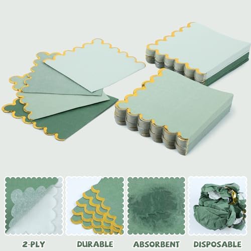 100 Pack Scalloped Gold Foil Cocktail Napkins Green