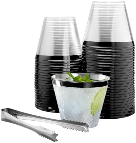 100 Black Rimmed Plastic Cups with Silver Ice Tongs Set
