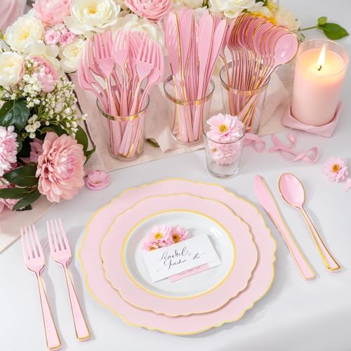 180 Piece Pink Plastic Silverware Set with Gold