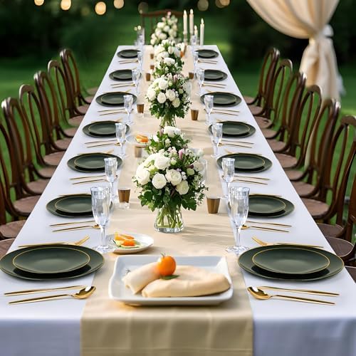 I00000 150Pcs Green Plastic Plates with Gold Rim Set