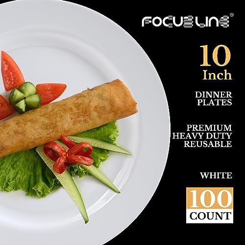 FOCUSLINE 100 Count Heavy Duty White Plastic Plates 10 Inch