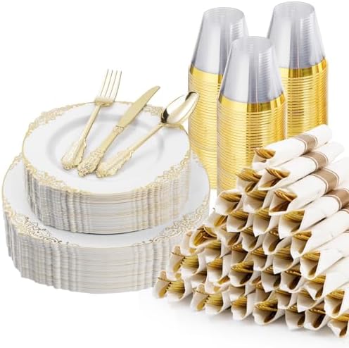 350PCS Gold Plastic Plates for 50 Guests Wedding Party Set