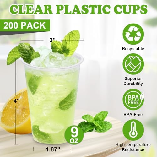 200 Pack 9 oz Clear Plastic Cups for Party Events