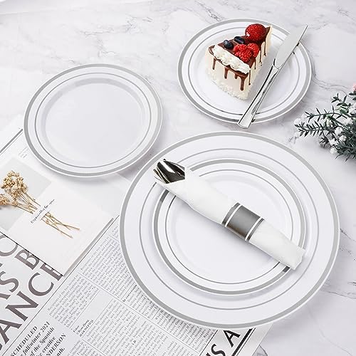 350PCS Silver Plastic Dinnerware Set for 50 Guests