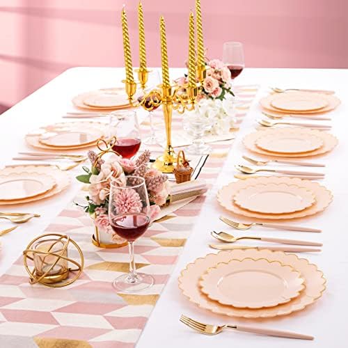 LIYH 60 Pcs Pink Gold Plastic Plate Set