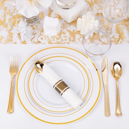 WELLIFE 350-Piece Gold Disposable Plates Cutlery Set