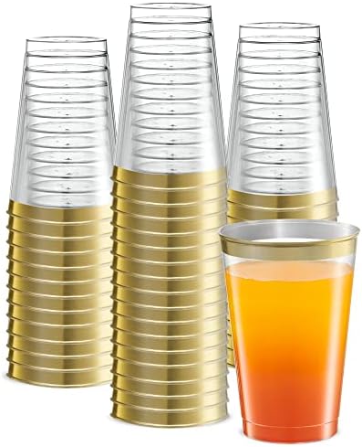 Disposable 12 oz Crystal Clear Plastic Tumblers With Gold Rim Pack of 50
