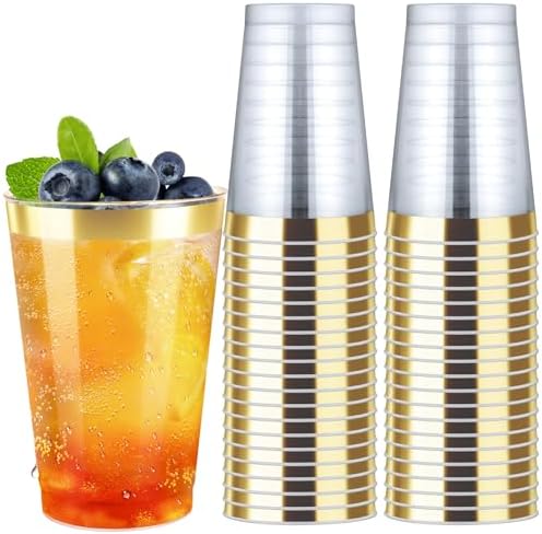 12oz Clear Plastic Cups with Gold Rim 100 Pack