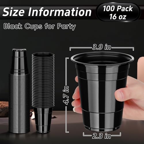 Dualshine 100 Pack Black 16 oz Plastic Cups for Parties