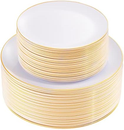 KIRE 100PCS Disposable Plates - White with Gold Rim for Party and Wedding