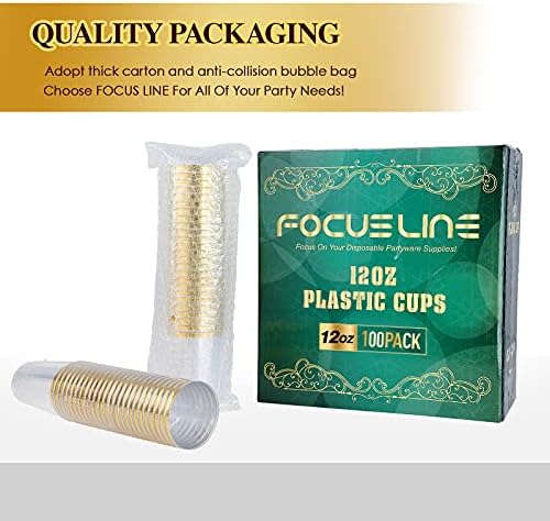 FOCUSLINE 100 Pack 12 Oz Gold Rimmed Plastic Cups for Wedding