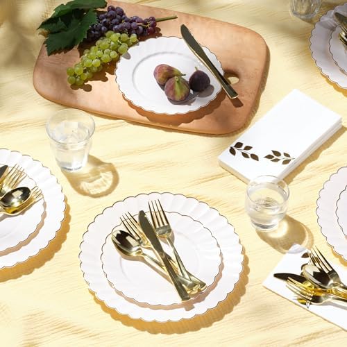 By Madee 60 Pc Ivory Scalloped Plates with Gold Trim