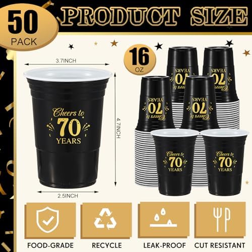 50 Pack 16 oz Gold and Black 70th Birthday Cups