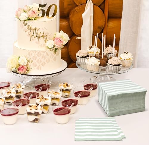 100 Pcs Sage Green White Stripe Cocktail Napkins for Party Supplies