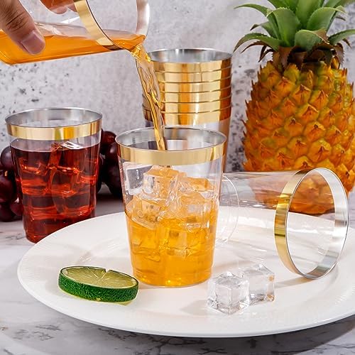 DaYammi 200 Pack 10 Oz Gold Rimmed Plastic Cups for Parties