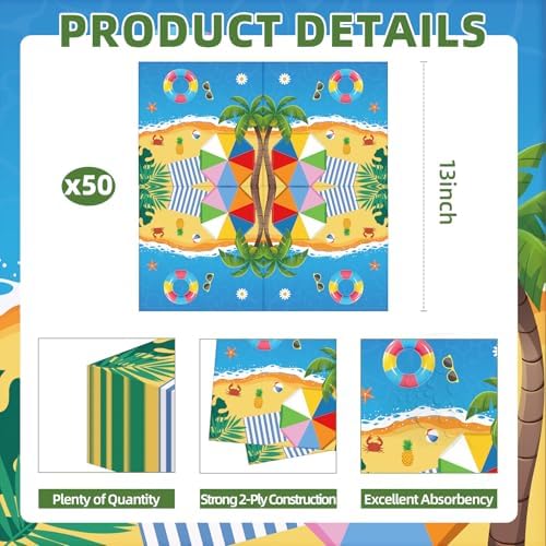 50 Count Summer Beach Paper Napkins with Tropical Design