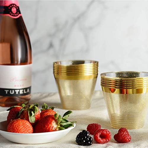 100 Pack 9oz Gold Glitter Plastic Cups with Gold Rim - Premium Partyware