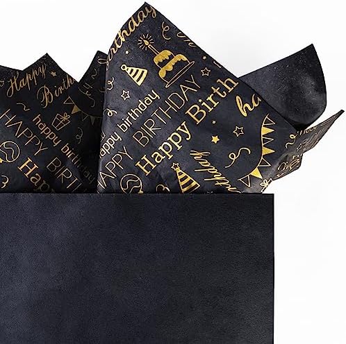 MR FIVE 100 Sheets Birthday Tissue Paper - 20x14 Black Gold Design