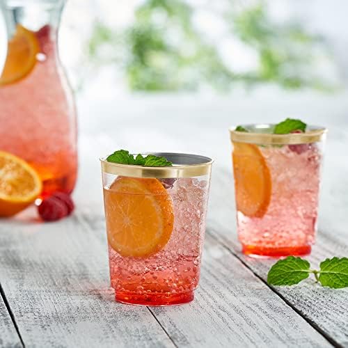Disposable 12 oz Crystal Clear Plastic Tumblers With Gold Rim Pack of 50