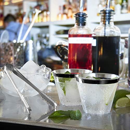 100 Black Rimmed Plastic Cups with Silver Ice Tongs Set