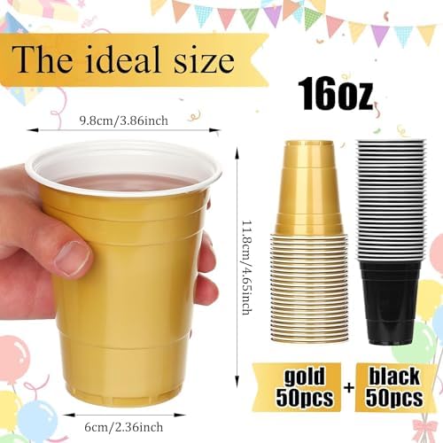 KesaPlan 100PCS 16 oz Plastic Party Cups Black Gold
