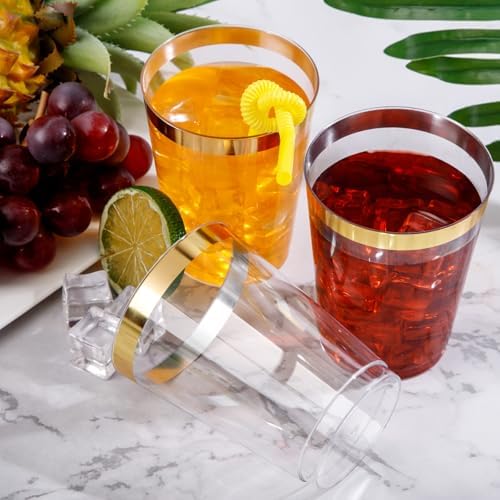 DaYammi 200 Pack 10 Oz Gold Rimmed Plastic Cups for Parties
