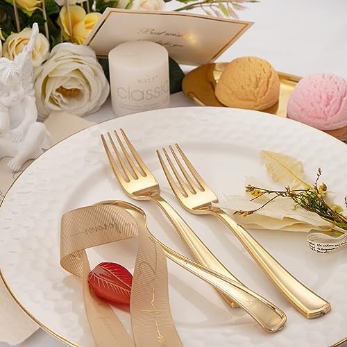 WDF 500PCS Gold Plastic Cutlery Set - Forks Spoons Knives for Events