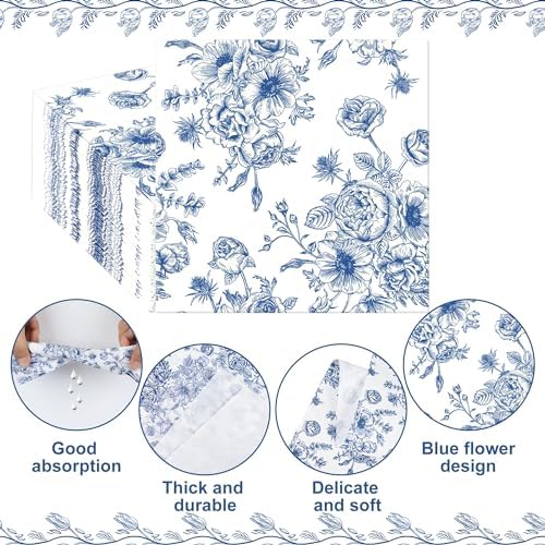 50PCS Blue Floral Cocktail Napkins 3-Ply Disposable