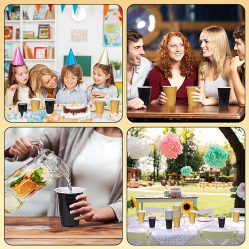 KesaPlan 100PCS 16 oz Plastic Party Cups Black Gold