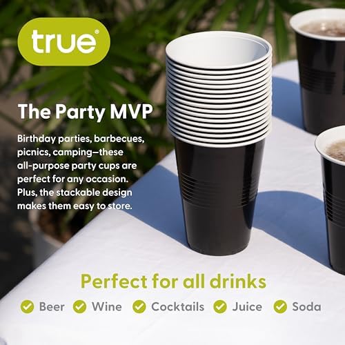True Black 16oz Plastic Cups Set of 50 for Parties