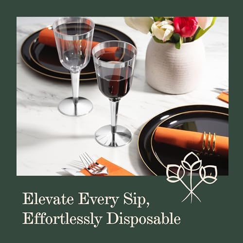 BloominGoods 50 Silver Rimmed Plastic Wine Glasses 10 oz Pack