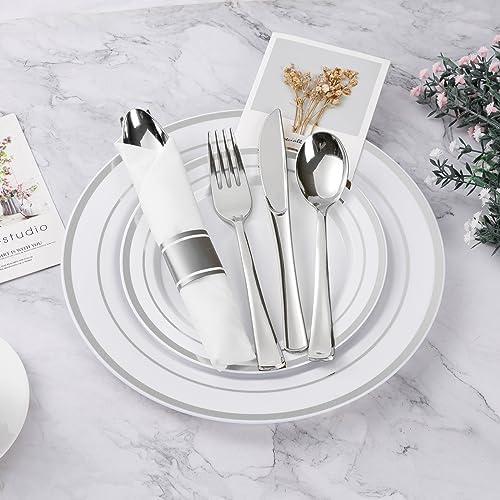 350PCS Silver Plastic Dinnerware Set for 50 Guests