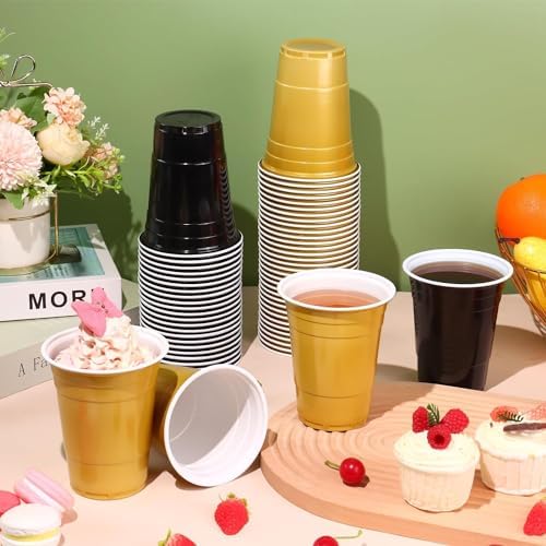 KesaPlan 100PCS 16 oz Plastic Party Cups Black Gold