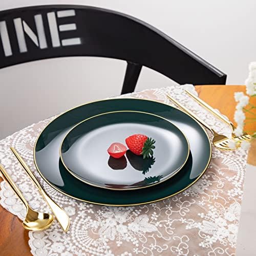 I00000 150Pcs Green Plastic Plates with Gold Rim Set