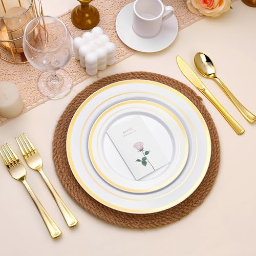 100PCS White Plastic Plates with Gold Rim 1025 Inch