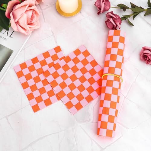 100 Pcs Plaid Paper Napkins Pink Orange Party Use
