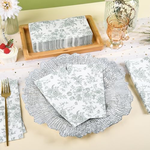 100 Floral Guest Napkins Sage Green and White Toile