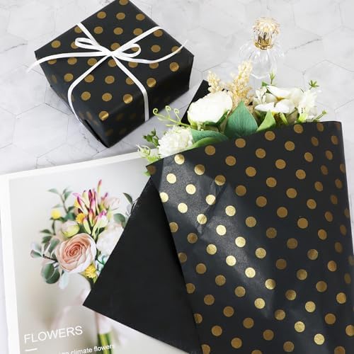 BEISHIDA 100 Sheets Black and Gold Polka Dot Wrapping Tissue Paper