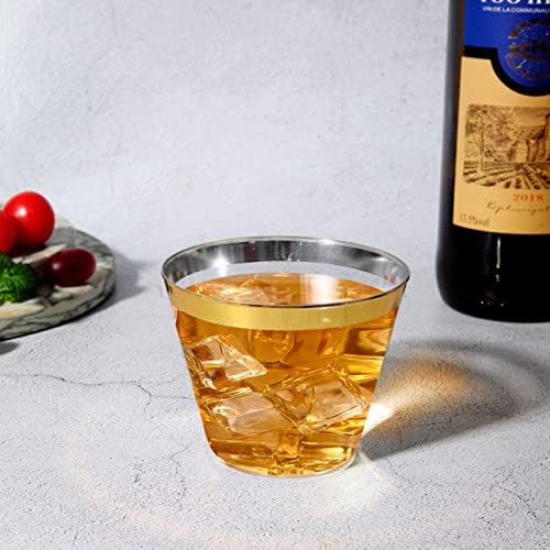 Tobvory 100 Pack Gold Rimmed Plastic Cups 9 oz