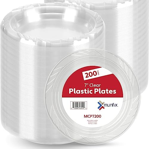 Munfix 200 Clear Plastic Plates Set - 7 Inch Disposable Plates for Parties