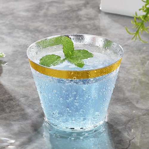 Hioasis 200Pcs 9OZ Clear Cups with Gold Trim