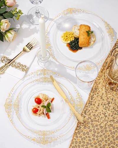 Nervure 175PCS Clear Gold Plastic Plates Set for 25 Guests